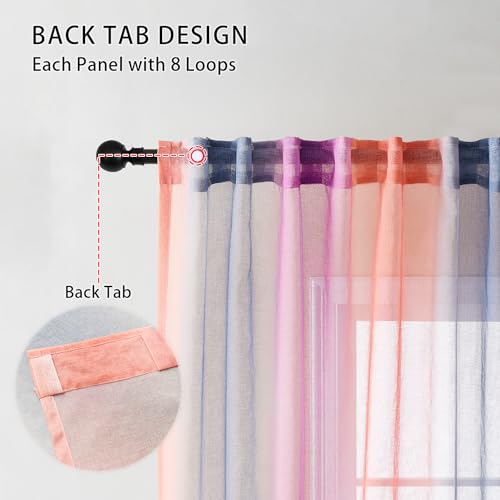 Image of XiDi Pink Green and Purple Sheer Curtains for Girls' Bedroom Decor,Rod Pocket Faux Linen Semi Voile Drapes,Ombre Window Pastel Curtains for Kids' Living Room,96 Inch Long 2 Panels