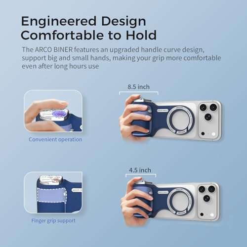 Image of Upgraded Mag-Safe Magnetic Camera Handle Grip with Extended Magnetic Phone Mount with Carabiner & Thumb Rest, Detachable Rechargeable Shutter Remote Compatible with iPhone Pro Max for Video Calls /TK