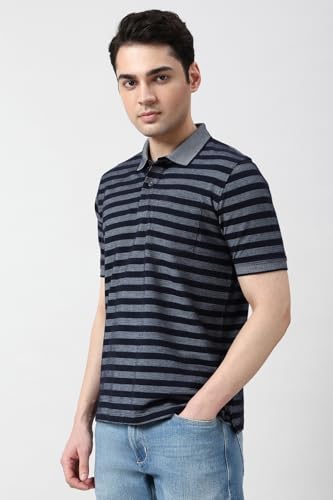 Image of Peter England Men's Cotton-Polyester Blend Striped Polo T-Shirt | Casual Wear | Durable & Trendy Regular Fit