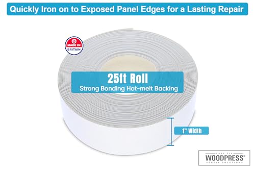 Image of WoodPress 1 inch Matt White Melamine Iron-On Edging - 25 ft Edge Tape - Pre-Glued Veneer Strip for Easy DIY - Edge Banding for Furniture Repair - Hot-Melt Backed Trim for Worktop, Shelf, Desk, Cabinet