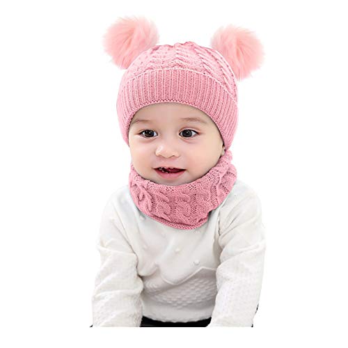 Leyeet Baby Hat Scarf Set, 2PC Warm Knitted Hat Neck Warmer Set Pom Pom Ball Beanie Cap Neckerchief Neck Scarf Pink