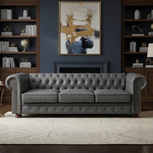 howcool 89'' Chesterfield Sofa Couch, Faux Leather Sofa with Tufted Button & Solid Wood Legs, Mid Century Modern 3 Seater Couch with Deep Seat for Living Room, Office, Apartment(Gray)