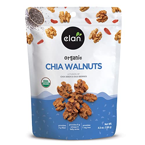 Elan Organic Chia Walnuts, 4.5 oz, Non-GMO, Gluten-Free, Vegan, Kosher, Healthy Snacks, Glazed Nuts with Chia Seeds, Goji Berry Powder & Himalayan Pink Salt, Superfood Infused Nuts