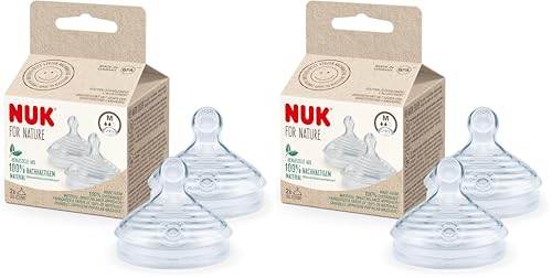 NUK Tetinas de repuesto para biberones de Nature, tamaño mediano, M (6 a 18 meses), silicona sostenible con ventilación anticólica, sin BPA, 2 unidades, transparente (Paquete de 2)