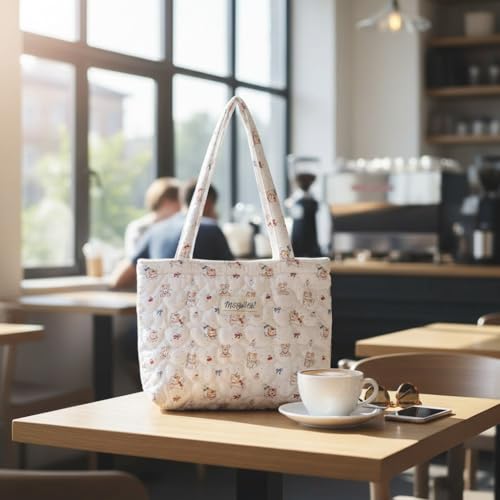 Image of Floral Quilted Cotton Shoulder Bag for Women Daily Use Medium Size Handbag Large Capacity Thickened Design Tote