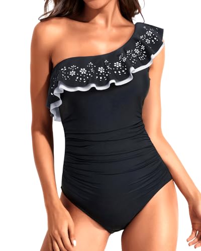 Image of Tempt Me Women One Piece Swimsuits Tummy Control One Shoulder Bathing Suits Ruffle Swimwear