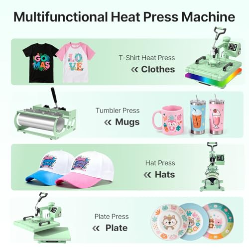 Image of Slendor Heat Press 15x15 Inch 5 in 1 Heat Press Machine 360-Degree Swing Away Digital T Shirt Pressing Machine Multifunction Heat Transfer Sublimation Combo for T Shirts Mugs Hat Plate Cap,Green