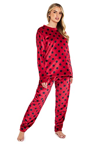 CityComfort Fleece Schlafanzug Damen Lang, 2-Teiliges Pyjama Set, Hausanzug Damen Winter, Geschenke für Frauen Jugendliche(XL, Rot)