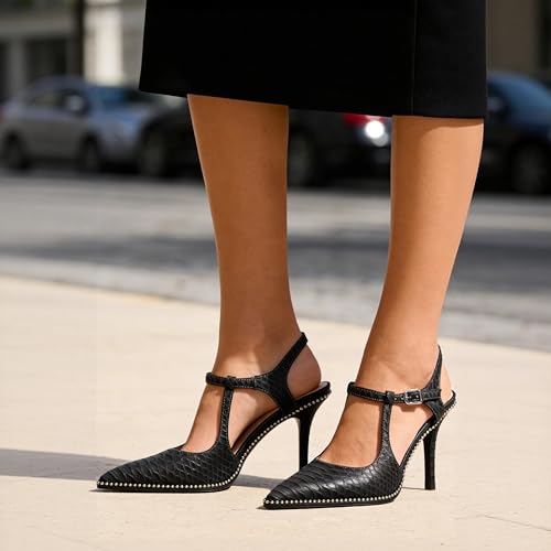 Image of SAMMITOP Womens High Heels Ankle Strap Pointed Toe Stilettos Patent Leather Beaded Pumps Dress Shoes 3.5 Inch