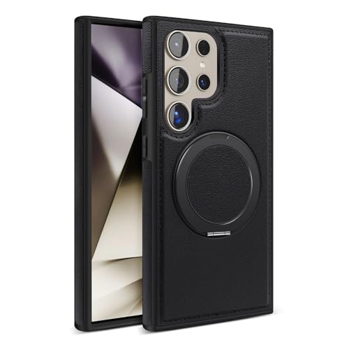 Image of Bumper Case with Kickstand for Samsung Galaxy S-Series Ultra Case Compatible with Wireless Charging | Luxury Aluminum Armor (Ring Leather-Black, Samsung Galaxy S25 Ultra)