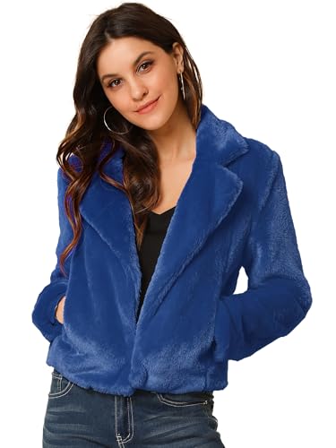 Manteau court en fausse fourrure bleu royal veste chaude hiver femme L
