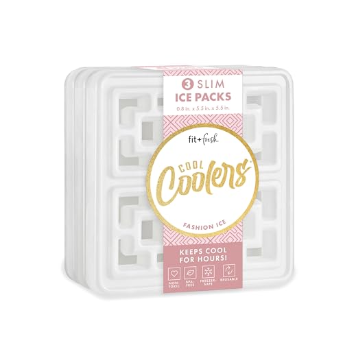 Cool Coolers Fashion Ice by Fit & Fresh, 3 Pack Large Slim Ice Packs, Unique Ice Pack Design for Womens Lunch Bag, Space Saving Reusable Ice Packs for Lunch Boxes, Cooler Ice Packs, Pearl White, 3PK