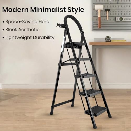 Image of Norman Jr Black 5 Step Ladder for Home Use with Built-in Tool Tray | Heavy Duty D Shape Rods | Ultra Large Platform | Wide Rubber Feet | 150Kg Capacity Foldable Ladder - 7 Years Warranty