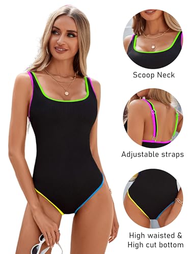 Image of BMJL Women's One Piece Swimsuit Sports Adjustable Strap Bathing Suit Color Block Ribbed High Cut Swimsuits