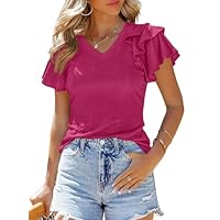 SHEWIN Summer Tops for Women Casual Short Ruffle Sleeve Tshirts Shirts for Women 2025 Rose L