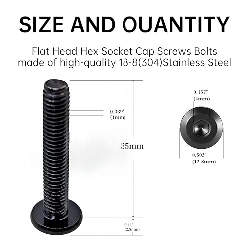 M6 x 35mm 20Pcs Tête plate hexagonale vis de bouchon, vis de tête de chaussettes, 304 Acier inoxydable Surface zinc noir plaqué, filetage complet, pour meubles, bureaux, garages, avec hexagone