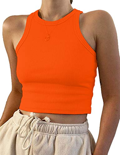 Image of KAMISSY Cotton Rib-Knit Racerback Basic Tank Tops for Women Girls Sleeveless Vest Binding Y2k Crop Tank Top, Orange, S