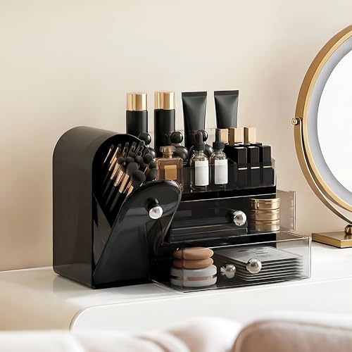 lurcns Makeup Organizer with Dustproof Brush Holder for Vanity, Large Cosmetics Organizer and Bathroom Countertop Skincare Storage with 2 Clear Drawers for Lipstick, Perfume, Eyeshadow Palettes,Black — view 3