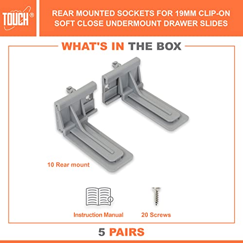 TOUCH Rear Mounting (5 Pairs, 10 Pcs) for Undermount Soft-Close Drawer Slides Socket, Drawer Track Back Mount Brackets for Face Frame Cabinets Drawer Gildes