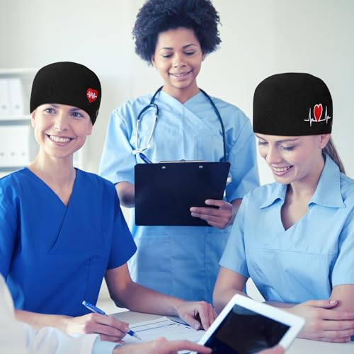 Unittype 4 Pcs Nurse Caps for Women Nursing Working Caps with Button and Sweatband Adjustable Elastic Scrub Hats for Dentist