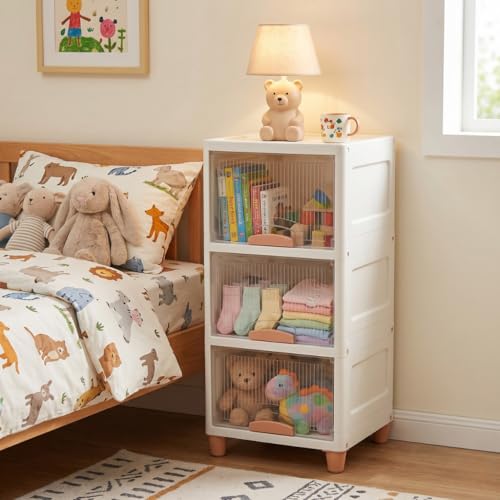 Image of Ash & Roh 3-Tier White Multi-Layer Plastic Storage Cabinet with Transparent Flip Door | Space Saving Organizer for Kitchen, Bedroom, Office | Foldable Stackable Storage Unit with Legs