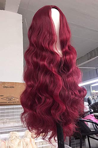 Wine Red Body Wave Wig for Black Women Long Wavy Big Curly Wig Synthetic Hair 28 inch #99j