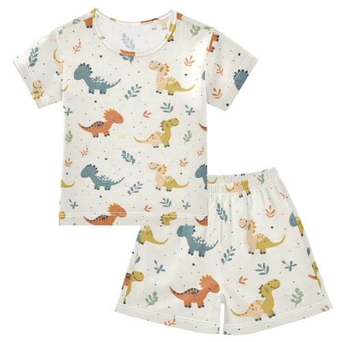 ALAZA Cute Dinosaur Leaves Pajamas Short Sleeve 2 Piece Sleepwear Top and Bottom Pajama Set Unisex