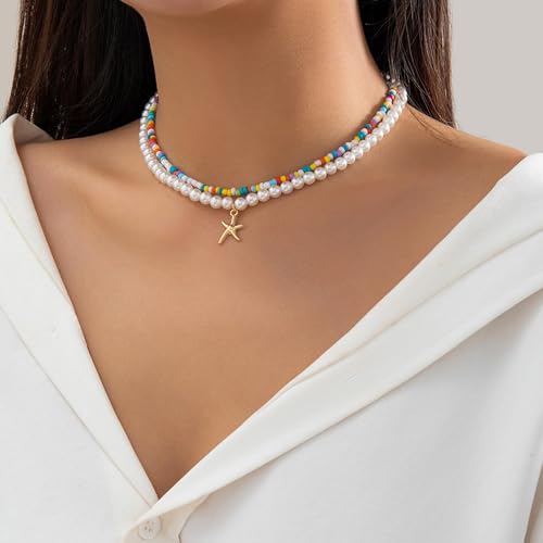 Collar de estrella de mar retro para looks de playa y festivales de verano juego de 2 4