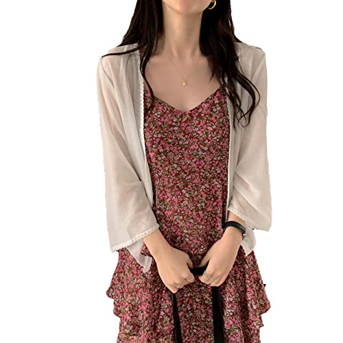 [§SEYIXU] シースルー カーディガン レディース シアー羽織り メッシュ 透け感 シースルー ショール ショート丈 カーデ トップス 体型カバー 夏 薄手 日よけ 韓国 ファッション UV対策 (Bタイプ-ホワイト)のサムネイル