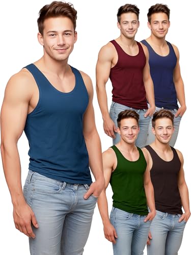 Image of COSCO FOUJI 100% Combed Cotton Vest for Men Sleeveless Multicolor Pack of 5 | Regular Fit, Deep Round Neck, Large Armholes, Tagless, Breathable, Sweat Absorbent, Stretchable, Assorted Colors May Vary