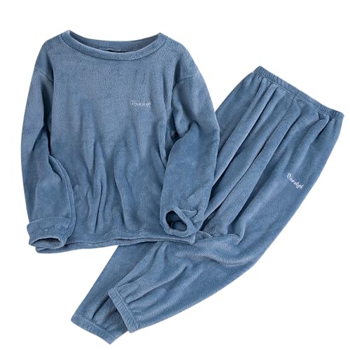 KBOPLEMQ - Pijama de 2 piezas para hombre, forro polar, largo invierno, franela cómoda, suave, cálido, cuello redondo, conjunto de 2 piezas, O azul marino, M