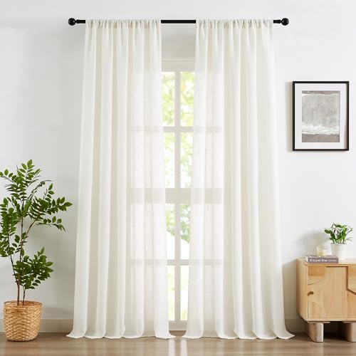 Image of Treatmentex White Semi Sheer Curtains for Living Room 52 x 95 Long Drapes, Flax Linen Blend Pricacy Light Filtering Curtain Panels 2 Pack Rod Pocket