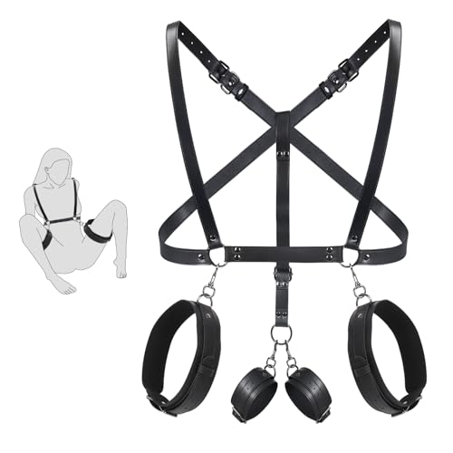 BDSM Sex Bondage Fesseln Set, 3 in 1 Leder Oberschenkel Sling Brust Fesselgurt Hinten Handschellen, Verstellbare Riemen Offene Beine Bett SM Sklave Fetisch Unisex Erwachsene (Fesseln Set)