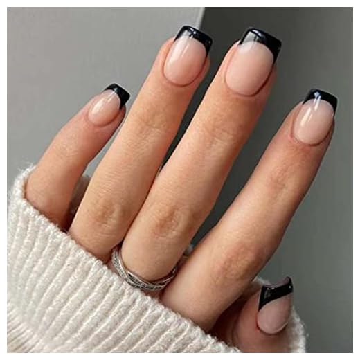Foccna French Fake Nails Tips Square Press on Nails Short Nude Women's Black False Nails Daily Wear Artificail Nails for Nail Art Manicure Decoration (Black)