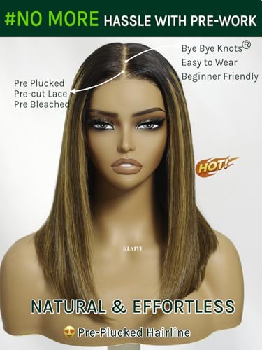 Image of KLAIYI Bye Bye Knots Glueless Wig Ombre Brown with Blonde Bob Straight Precut 7x5Lace Front Human Hair Wig with Dark Roots Pre Plucked Bleached Blunt Cut Balayage Highlight Ready to Wear and Go 14Inch