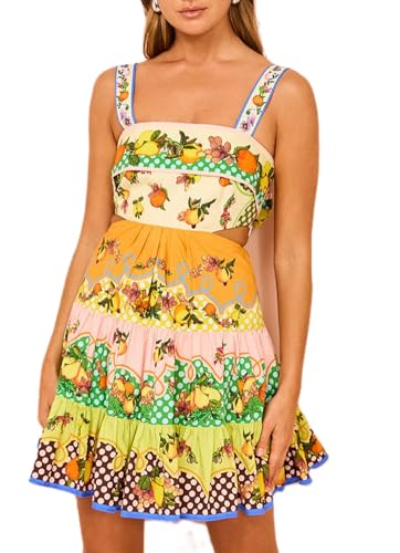 Image of NUFIWI Women Boho Graffiti Cami Mini Dress Spaghetti Strap Printed A Line Short Dress Backless Cut Out Colorful Sundress