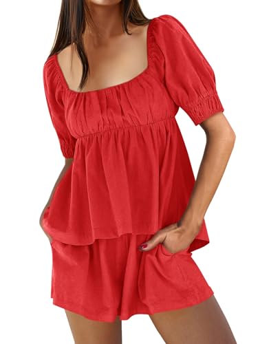 Image of Tankaneo Womens 2 Piece Outfits Summer Square Neck Short Puff Sleeve Babydoll Tops and Shorts Matching Set