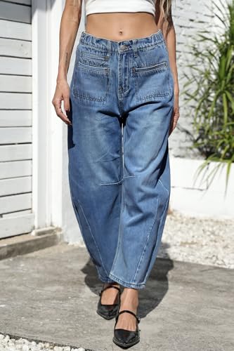 D-Sun Women Casual Mid Rise Barrel Jeans Wide Leg Cropped Horseshoe Denim Trousers Baggy Vintage Boyfriend Denim Pant Pocket4