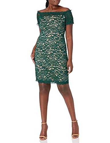 Adrianna Papell Women's Aubrey Lace Off The Shoulder, Hunter/Bisque, 12