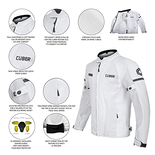 Cuber Motorcycle Cordura Jacket For Men-Mens Breathable Body Armor Black And White Jacket-Ce Armored Safety Jackets For Men. (Medium, White) #TOP2