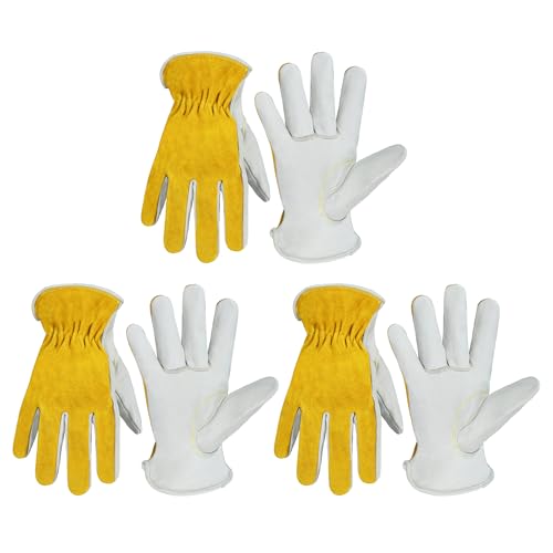 HANDLANDY Men Leather Gardening Gloves, Utility Work Gloves for Mechanics, Construction, Driver Beige-yellow (3 Pairs) Large