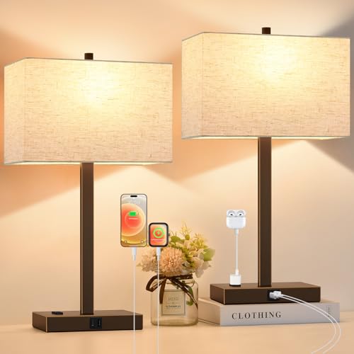 Image of Lynnoland 21 inch Set of 2 Table lamp with USB A+C & AC Outlets, Touch Control 3-Way Dimmable Nightstand Lamps for Bedroom Living Room Office Reading, Line Shade Touch Lamps, 3000K LED Bulbs Included