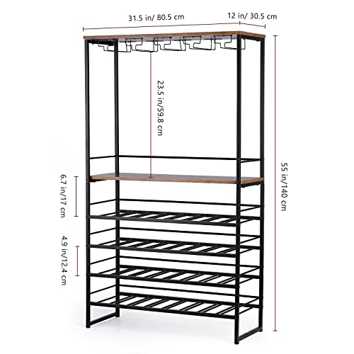 6-Tier Industrial Freestanding Wine Rack With Glass Holder & Wine Storage, Wine Bakers Rack, Multi-Function Coffee Home Bar Furniture For Kitchen Dining Room,55" Tall Rustic Brown #TOP2