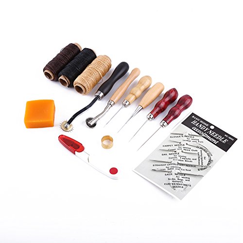 Haofy Kit de Herramientas de Costura Eficiente para Manualidades de Cuero, 13 Piezas, para Principiantes, con Juego de Agujas de Arnés, Juego de Cuerdas de Cera Plana Natural de café Negro para