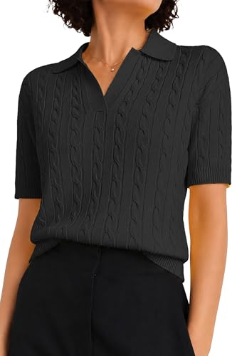 Image of QUALFORT Cable Knit Women's Short Sleeve Sweater Soft V Neck Polo Tops