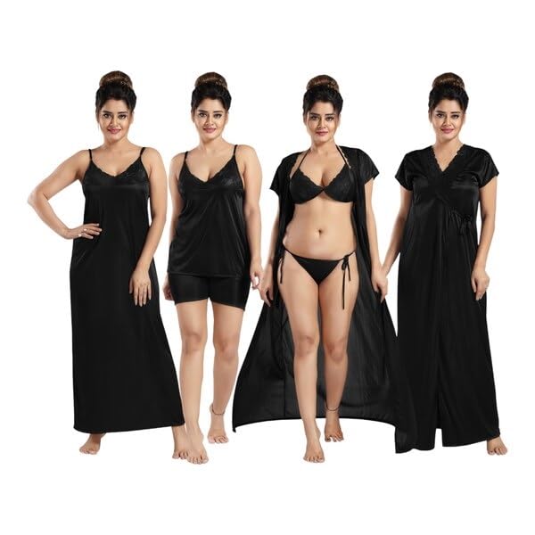 ledelav Women's 6-Piece Women's Satin Nighty 6 Piece | Nighty Maxi with 1 top and Short, 1 Bra and Panty, and 1 Robe | Women Night Suit | Night-Suit top and Pajama | Nighdress-picture-53