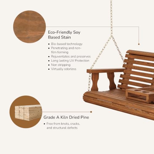 Image of Porchgate Amish Heavy Duty Console Porch Swing with Fold Down Cup Holders in Oak Stain - Amish Made in The USA from Treated Pine, Hanging Chains Included