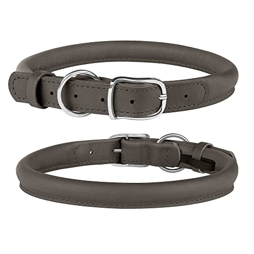 Murom Rolled Leather Dog Collar Soft Adjustable Round Rope Pet Collars For Small Medium Large Dogs Puppy Green Blue Pink Brown Aquamarine (14"-18" Neck Fit, Dark Gray) #TOP1