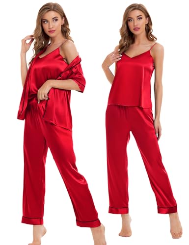 Image of SWOMOG Womens Silk Satin Pajamas Sets 4pcs Sleepwear Sexy Cami Shorts Set and Button Down Short Sleeve Pjs Loungewear Candy Red Medium