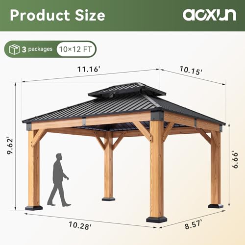 Image of Aoxun 10' x 12' Patio Wood Gazebo Cedar Wood, Natural | Patio Hardtop Gazebo Permanent Wooden Pavilion with Galvanized Steel Double Roof, for Backyard, Garden, Deck